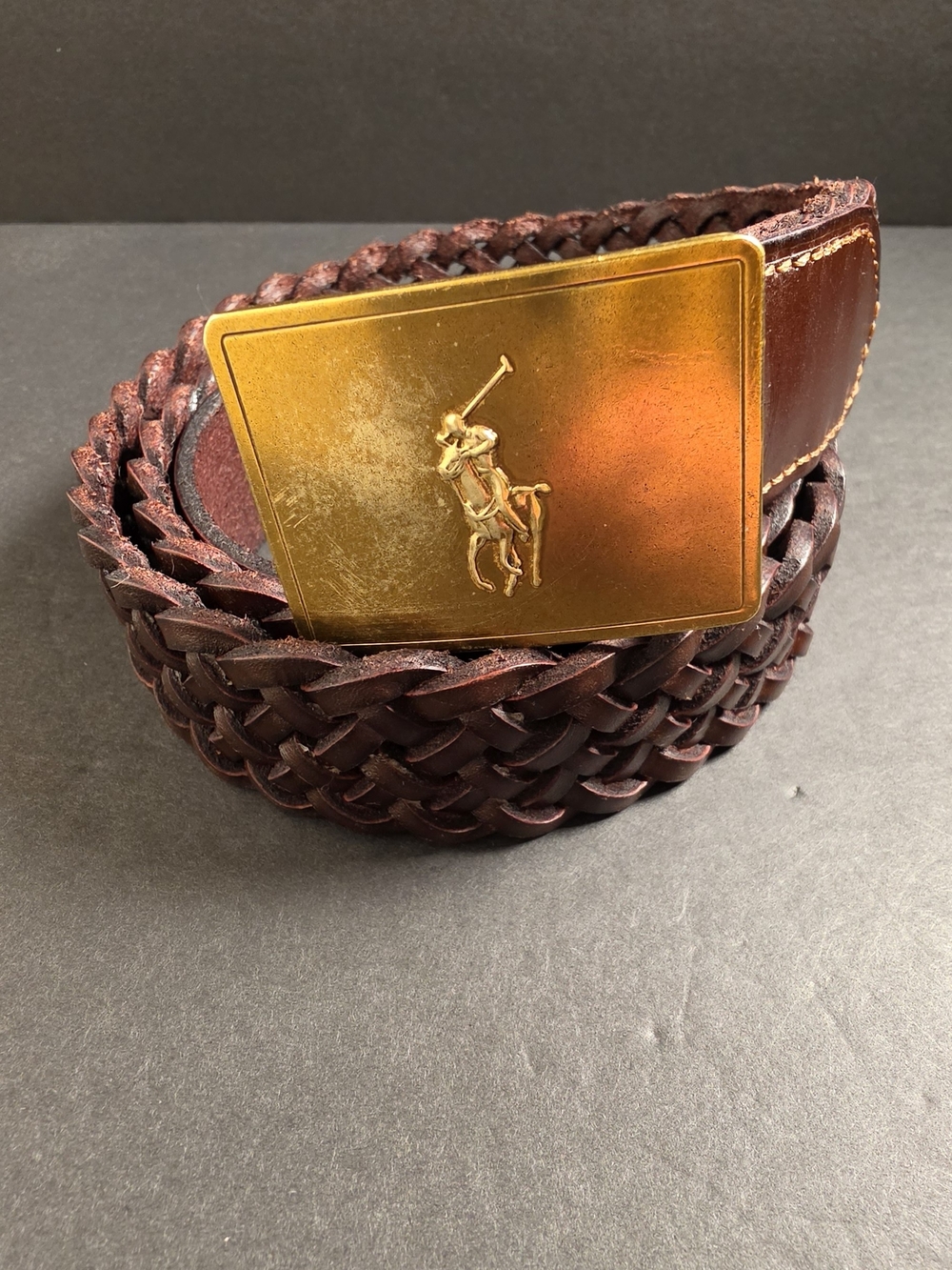 Polo by Ralph Lauren Braided Brown Leather Belt with Gold Buckle